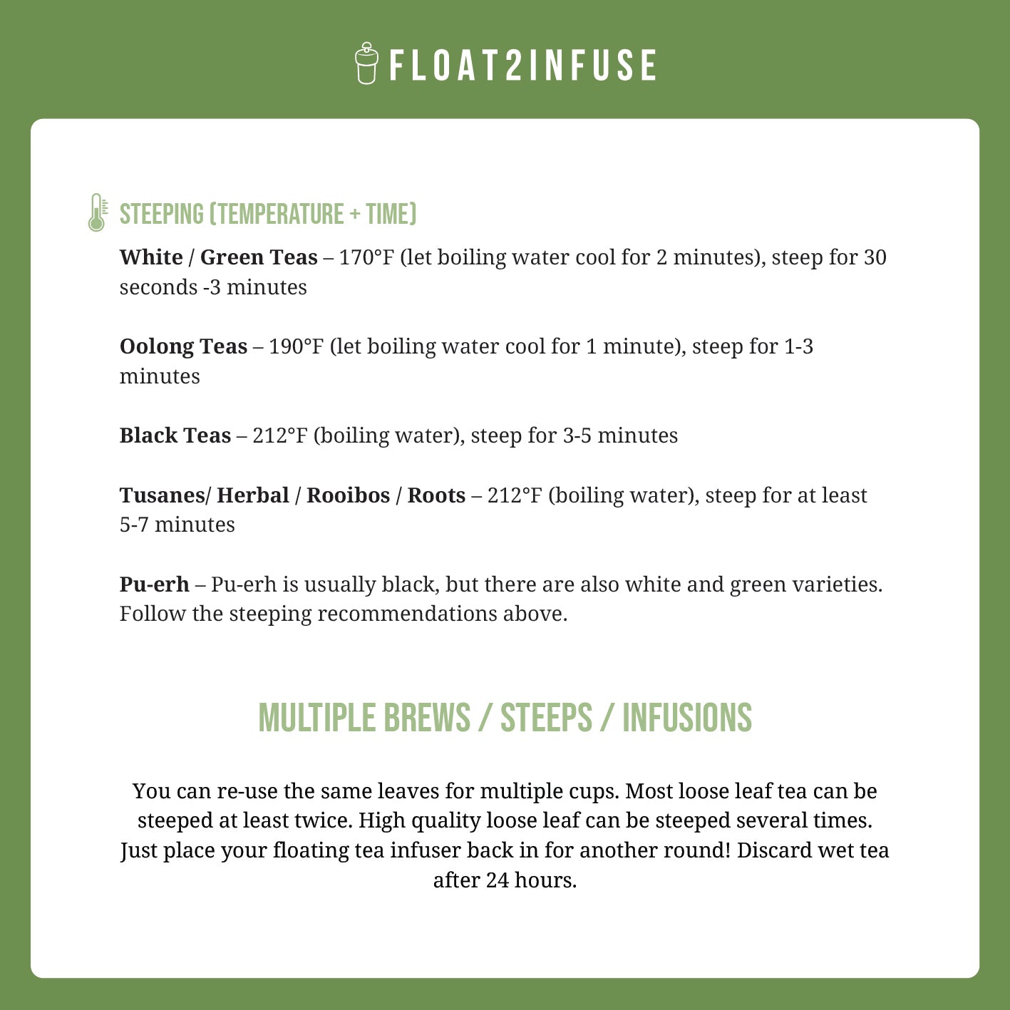 Steeping guide for different types of tea with Float2Infuse branding