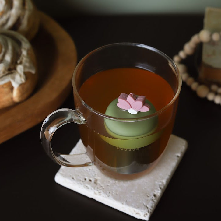 Warm Pink Lotus Flower Floating Tea Steeper I Green Base