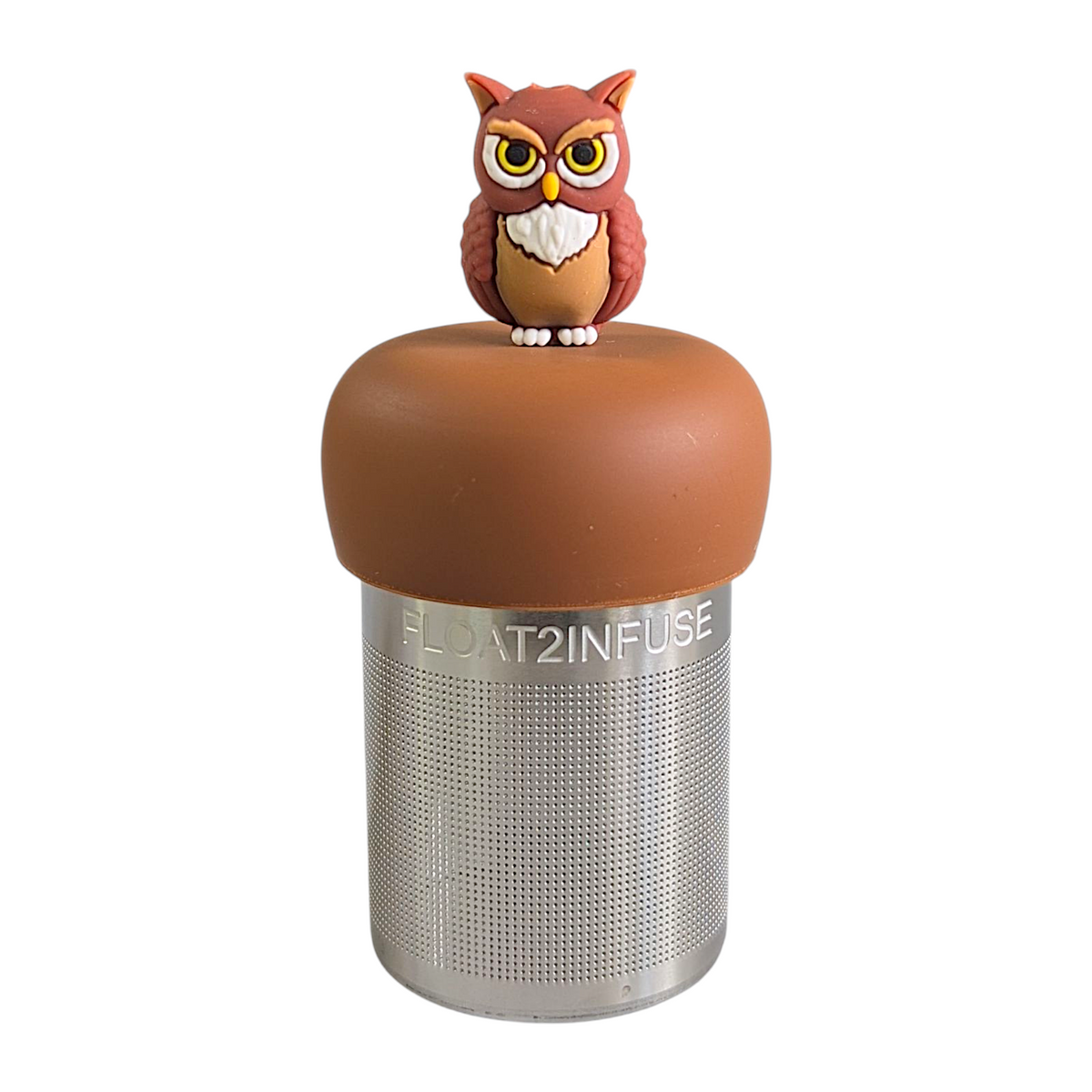 brown owl bird tea infuser for loose leaf tea with a fine mesh stainless steel tea strainer that reads FLOAT2INFUSE on a brown base with a white background
