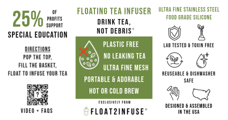 Promotional graphic for Float2infuse floating tea infuser with features and branding details