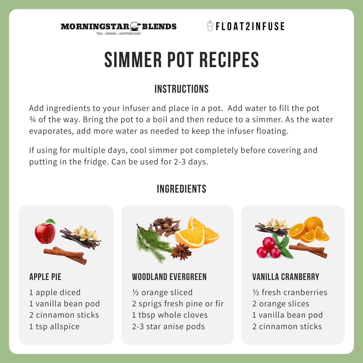 Simmer pot recipes with ingredients and instructions on a white background