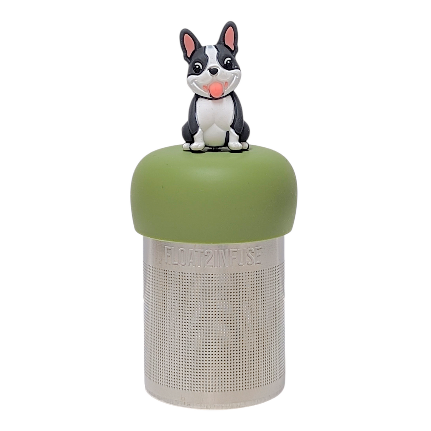 Gray and white French bulldog animal tea infuser e for loose leaf tea with a fine mesh stainless steel tea strainer that reads FLOAT2INFUSE on a green bas with a white background