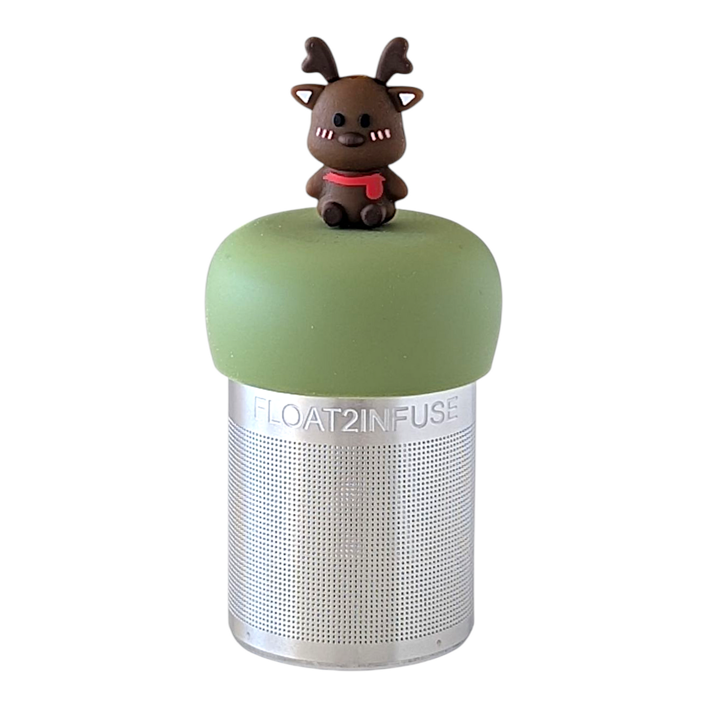 brown reindeer wearing a red scarf tea infuser for loose leaf tea with a fine mesh stainless steel tea strainer that reads FLOAT2INFUSE on a green base with a white background