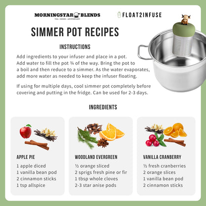 Simmer pot recipe card with ingredients and instructions for Morningstar Blends and Float2Infuse.