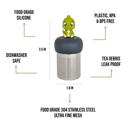 float2infuse tea infuser specs 3.5 in tall, 1.8 in wide, food-grade silicone, plastic/BPA/BPS free, dishwasher safe, 304 stainless steel ultra fine mesh on a white background image