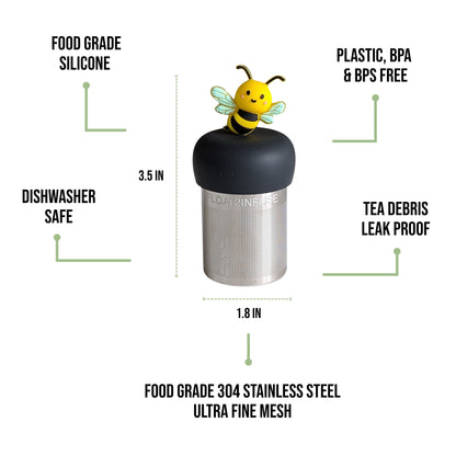 float2infuse tea infuser specs 3.5 in tall, 1.8 in wide, food-grade silicone, plastic/BPA/BPS free, dishwasher safe, 304 stainless steel ultra fine mesh on a white background image