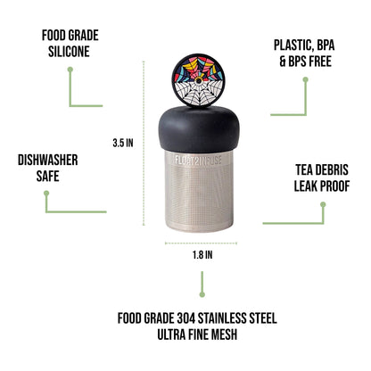 float2infuse tea infuser specs 3.5 in tall, 1.8 in wide, food-grade silicone, plastic/BPA/BPS free, dishwasher safe, 304 stainless steel ultra fine mesh on a white background image