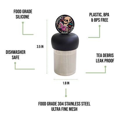 float2infuse tea infuser specs 3.5 in tall, 1.8 in wide, food-grade silicone, plastic/BPA/BPS free, dishwasher safe, 304 stainless steel ultra fine mesh on a white background image