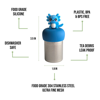 float2infuse tea infuser specs 3.5 in tall, 1.8 in wide, food-grade silicone, plastic/BPA/BPS free, dishwasher safe, 304 stainless steel ultra fine mesh on a white background image