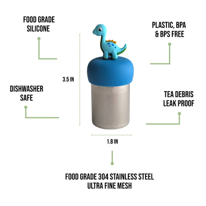 float2infuse tea infuser specs 3.5 in tall, 1.8 in wide, food-grade silicone, plastic/BPA/BPS free, dishwasher safe, 304 stainless steel ultra fine mesh on a white background image