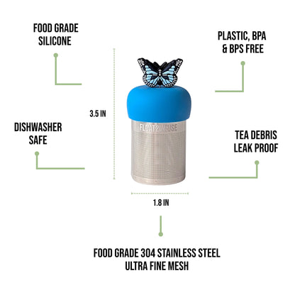 float2infuse tea infuser specs 3.5 in tall, 1.8 in wide, food-grade silicone, plastic/BPA/BPS free, dishwasher safe, 304 stainless steel ultra fine mesh on a white background image