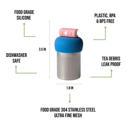 float2infuse tea infuser specs 3.5 in tall, 1.8 in wide, food-grade silicone, plastic/BPA/BPS free, dishwasher safe, 304 stainless steel ultra fine mesh on a white background image