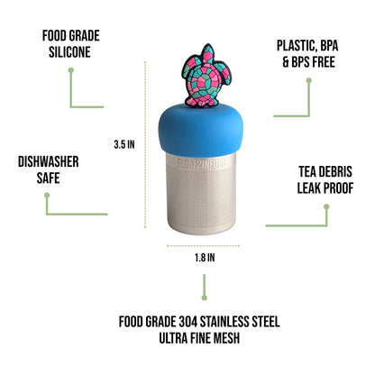 float2infuse tea infuser specs 3.5 in tall, 1.8 in wide, food-grade silicone, plastic/BPA/BPS free, dishwasher safe, 304 stainless steel ultra fine mesh on a white background image