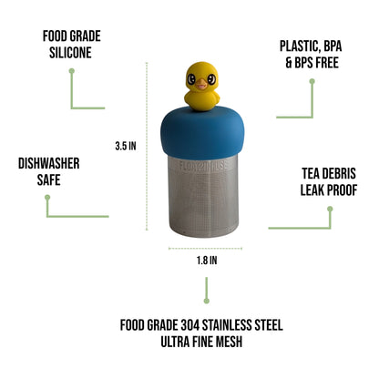 float2infuse tea infuser specs 3.5 in tall, 1.8 in wide, food-grade silicone, plastic/BPA/BPS free, dishwasher safe, 304 stainless steel ultra fine mesh on a white background image