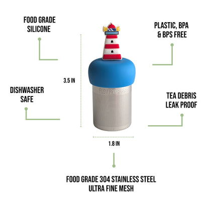 float2infuse tea infuser specs 3.5 in tall, 1.8 in wide, food-grade silicone, plastic/BPA/BPS free, dishwasher safe, 304 stainless steel ultra fine mesh on a white background image