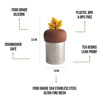 float2infuse tea infuser specs 3.5 in tall, 1.8 in wide, food-grade silicone, plastic/BPA/BPS free, dishwasher safe, 304 stainless steel ultra fine mesh on a white background image