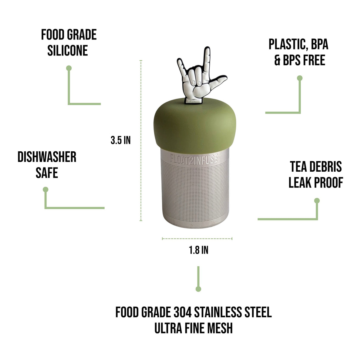 float2infuse tea infuser specs 3.5 in tall, 1.8 in wide, food-grade silicone, plastic/BPA/BPS free, dishwasher safe, 304 stainless steel ultra fine mesh on a white background image