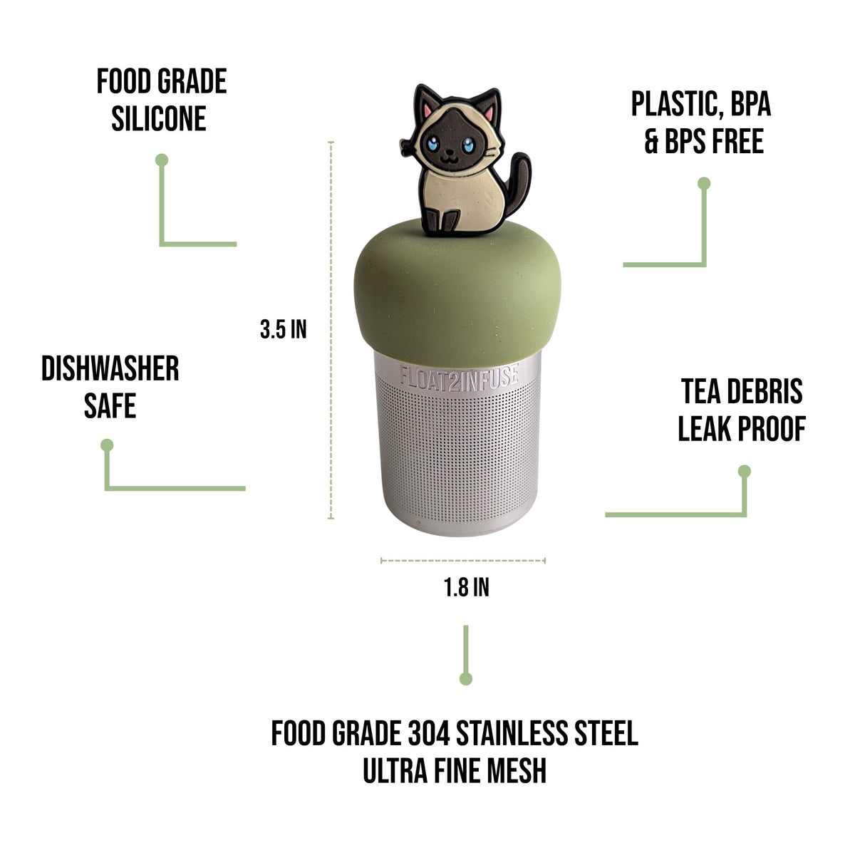 float2infuse tea infuser specs 3.5 in tall, 1.8 in wide, food-grade silicone, plastic/BPA/BPS free, dishwasher safe, 304 stainless steel ultra fine mesh on a white background image