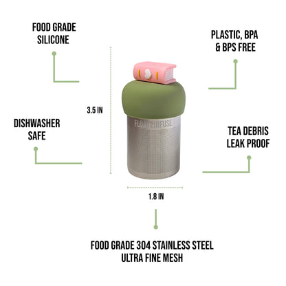 float2infuse tea infuser specs 3.5 in tall, 1.8 in wide, food-grade silicone, plastic/BPA/BPS free, dishwasher safe, 304 stainless steel ultra fine mesh on a white background image