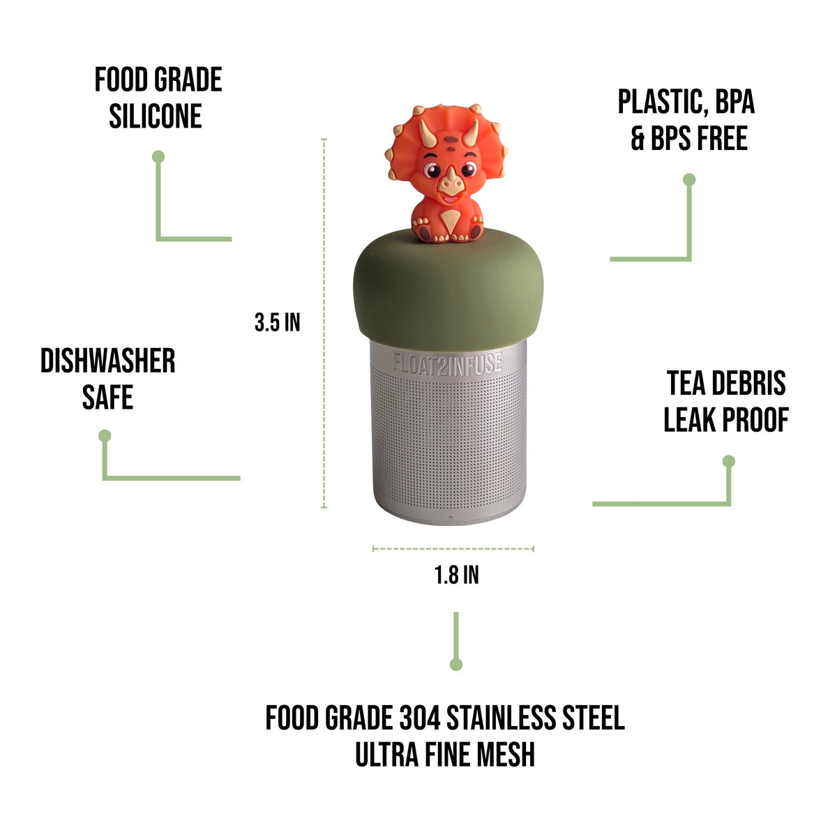 float2infuse tea infuser specs 3.5 in tall, 1.8 in wide, food-grade silicone, plastic/BPA/BPS free, dishwasher safe, 304 stainless steel ultra fine mesh on a white background image