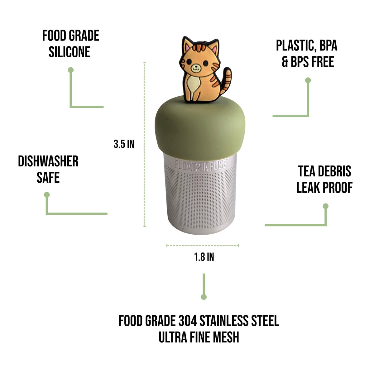 float2infuse tea infuser specs 3.5 in tall, 1.8 in wide, food-grade silicone, plastic/BPA/BPS free, dishwasher safe, 304 stainless steel ultra fine mesh on a white background image
