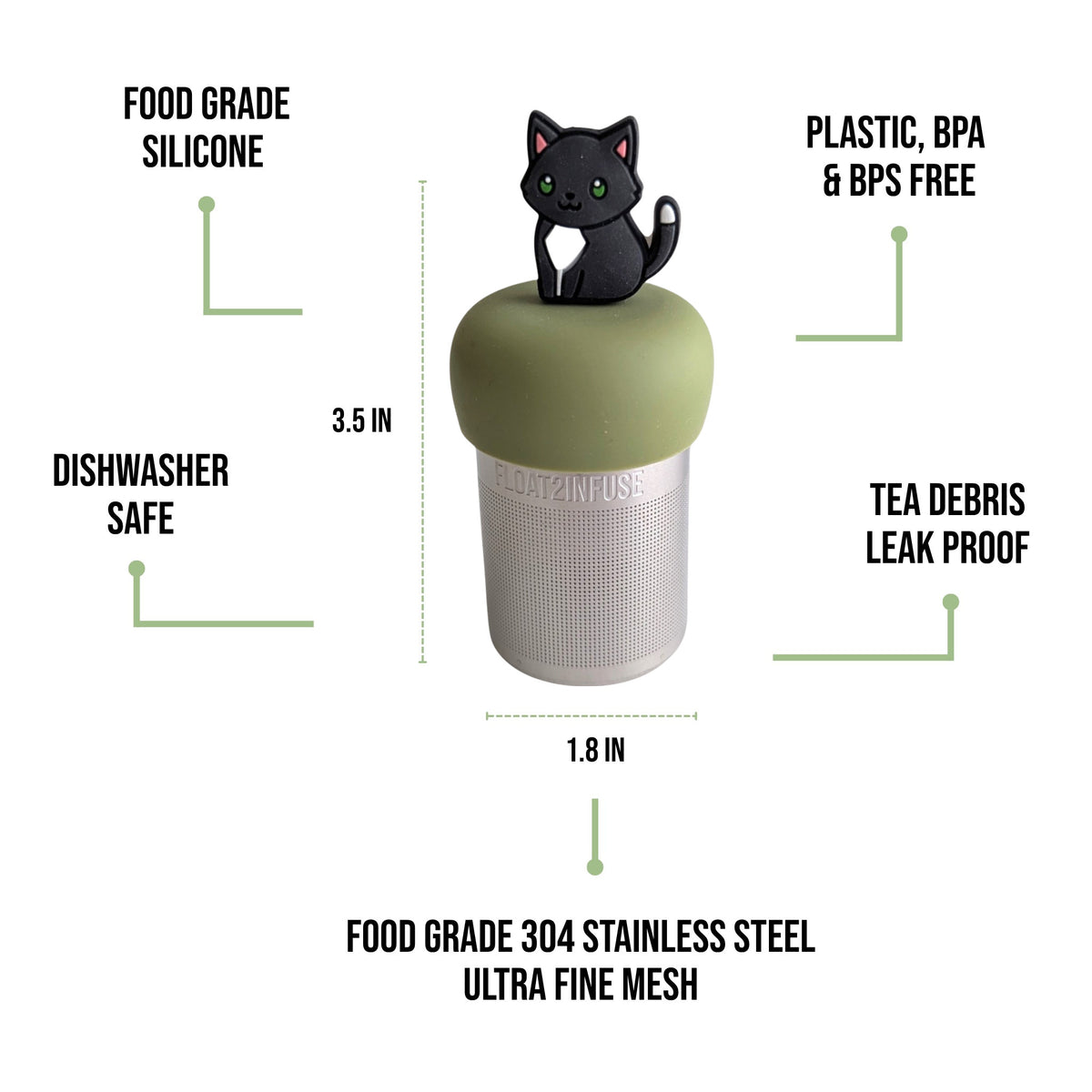 float2infuse tea infuser specs 3.5 in tall, 1.8 in wide, food-grade silicone, plastic/BPA/BPS free, dishwasher safe, 304 stainless steel ultra fine mesh on a white background image