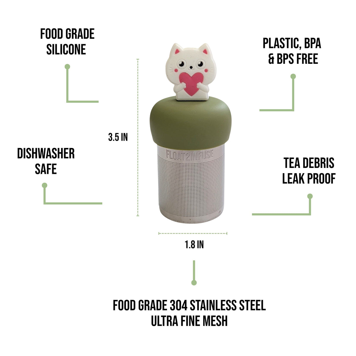 float2infuse tea infuser specs 3.5 in tall, 1.8 in wide, food-grade silicone, plastic/BPA/BPS free, dishwasher safe, 304 stainless steel ultra fine mesh on a white background image