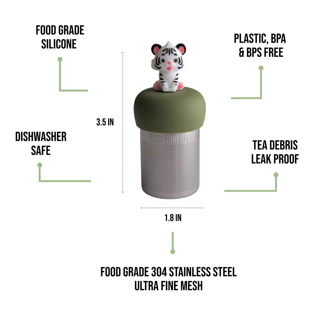 float2infuse tea infuser specs 3.5 in tall, 1.8 in wide, food-grade silicone, plastic/BPA/BPS free, dishwasher safe, 304 stainless steel ultra fine mesh on a white background image