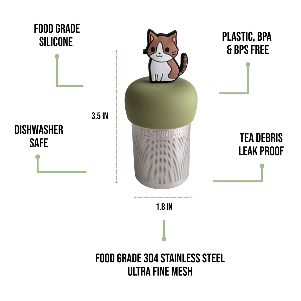 float2infuse tea infuser specs 3.5 in tall, 1.8 in wide, food-grade silicone, plastic/BPA/BPS free, dishwasher safe, 304 stainless steel ultra fine mesh on a white background image