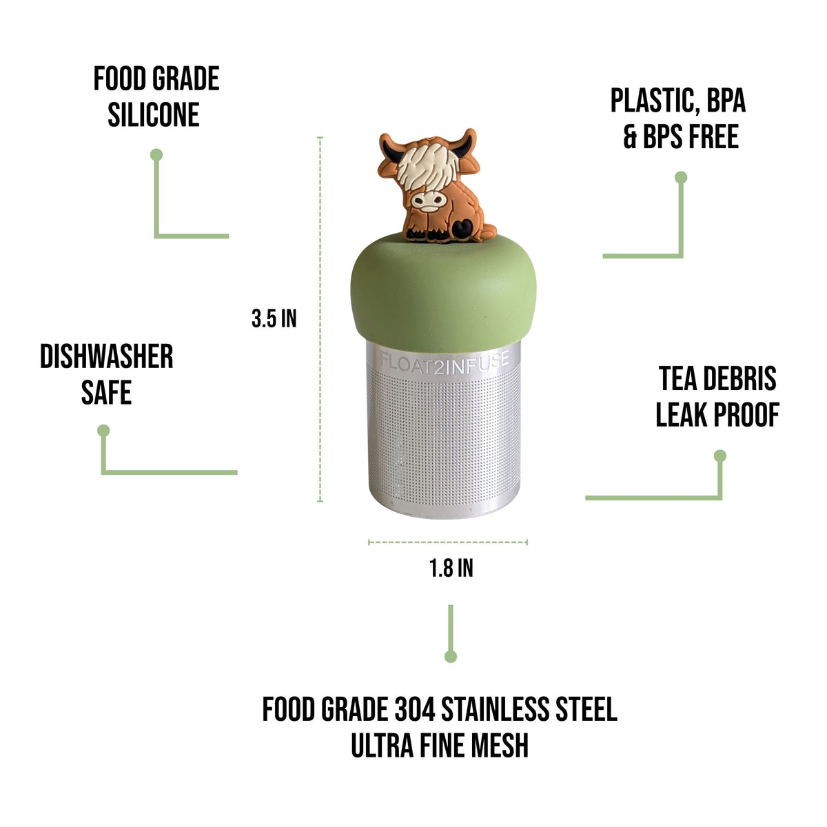 float2infuse tea infuser specs 3.5 in tall, 1.8 in wide, food-grade silicone, plastic/BPA/BPS free, dishwasher safe, 304 stainless steel ultra fine mesh on a white background image