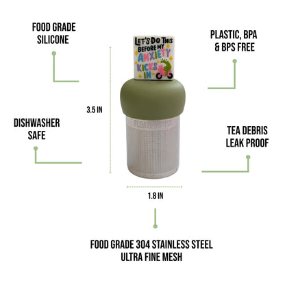 float2infuse tea infuser specs 3.5 in tall, 1.8 in wide, food-grade silicone, plastic/BPA/BPS free, dishwasher safe, 304 stainless steel ultra fine mesh on a white background image