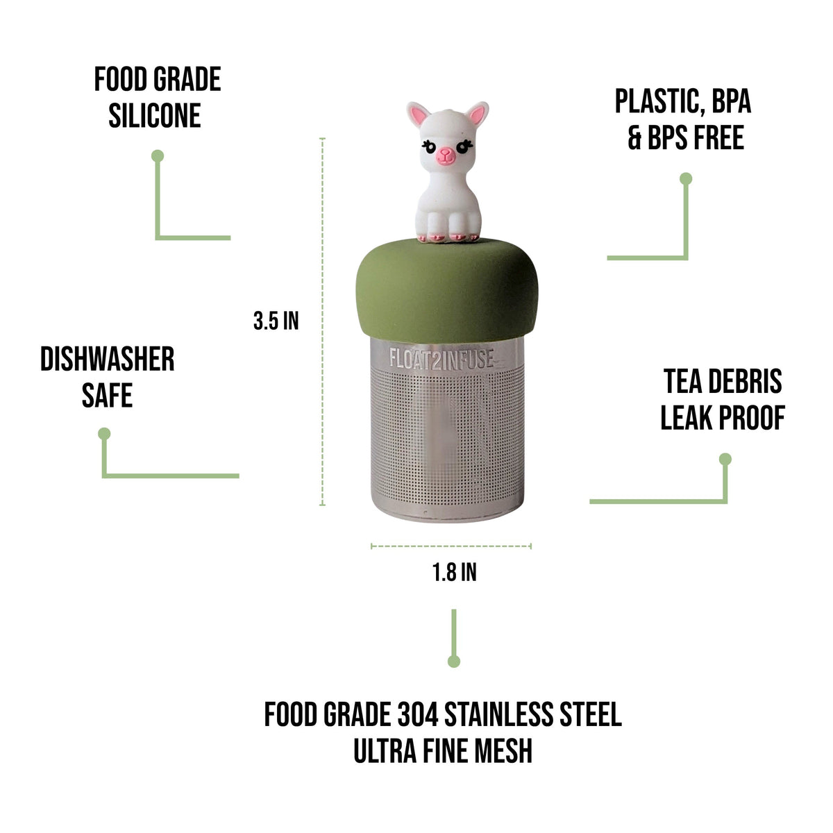 float2infuse tea infuser specs 3.5 in tall, 1.8 in wide, food-grade silicone, plastic/BPA/BPS free, dishwasher safe, 304 stainless steel ultra fine mesh on a white background image