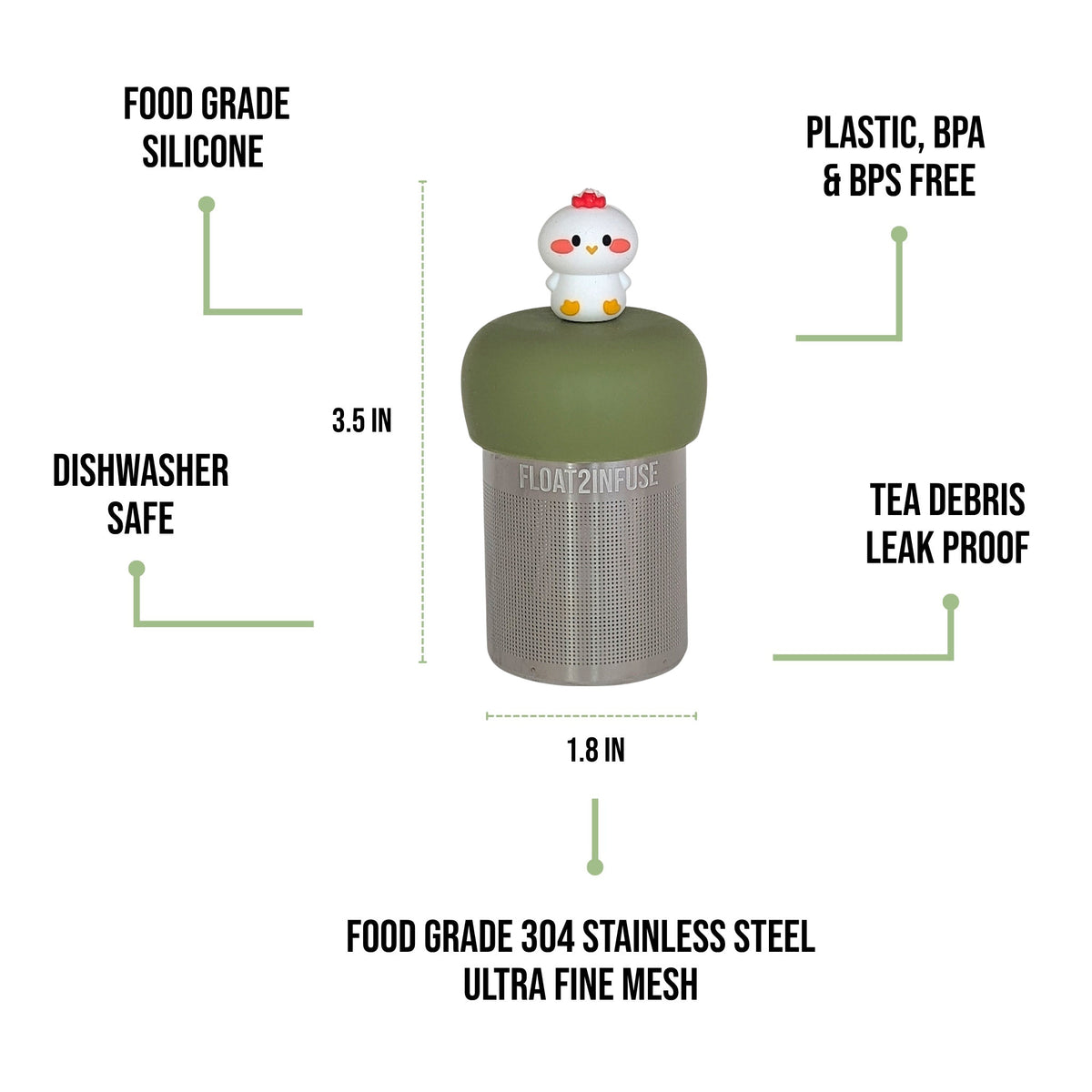 float2infuse tea infuser specs 3.5 in tall, 1.8 in wide, food-grade silicone, plastic/BPA/BPS free, dishwasher safe, 304 stainless steel ultra fine mesh on a white background image