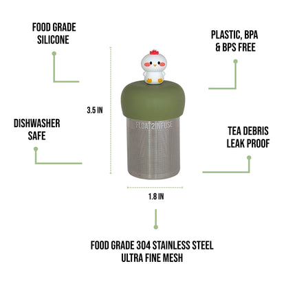float2infuse tea infuser specs 3.5 in tall, 1.8 in wide, food-grade silicone, plastic/BPA/BPS free, dishwasher safe, 304 stainless steel ultra fine mesh on a white background image
