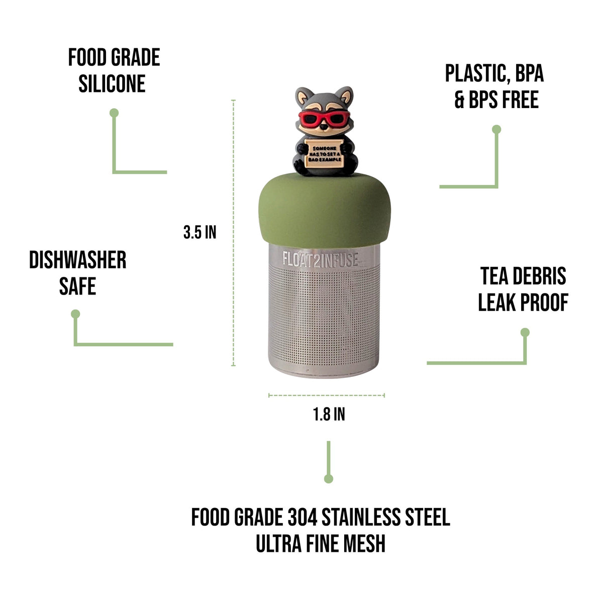 float2infuse tea infuser specs 3.5 in tall, 1.8 in wide, food-grade silicone, plastic/BPA/BPS free, dishwasher safe, 304 stainless steel ultra fine mesh on a white background image