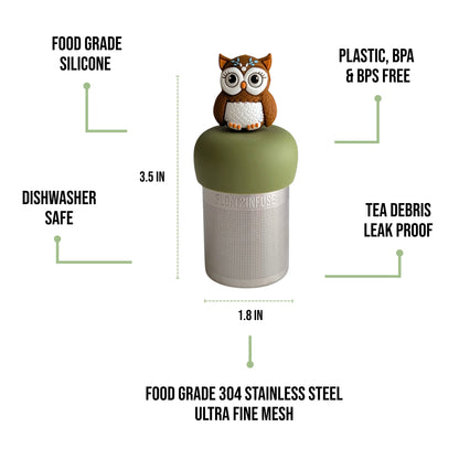 float2infuse tea infuser specs 3.5 in tall, 1.8 in wide, food-grade silicone, plastic/BPA/BPS free, dishwasher safe, 304 stainless steel ultra fine mesh on a white background image