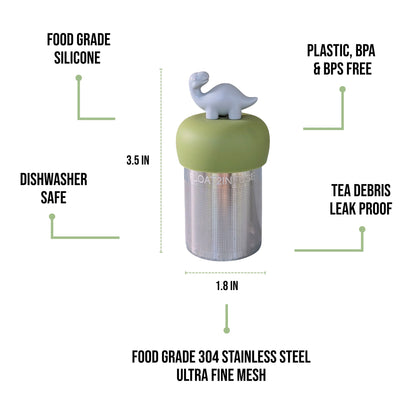 float2infuse tea infuser specs 3.5 in tall, 1.8 in wide, food-grade silicone, plastic/BPA/BPS free, dishwasher safe, 304 stainless steel ultra fine mesh on a white background image
