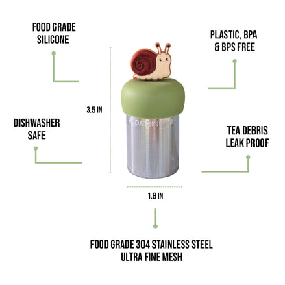 float2infuse tea infuser specs 3.5 in tall, 1.8 in wide, food-grade silicone, plastic/BPA/BPS free, dishwasher safe, 304 stainless steel ultra fine mesh on a white background image