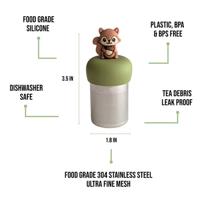 float2infuse tea infuser specs 3.5 in tall, 1.8 in wide, food-grade silicone, plastic/BPA/BPS free, dishwasher safe, 304 stainless steel ultra fine mesh on a white background image