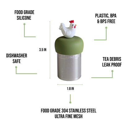 float2infuse tea infuser specs 3.5 in tall, 1.8 in wide, food-grade silicone, plastic/BPA/BPS free, dishwasher safe, 304 stainless steel ultra fine mesh on a white background image