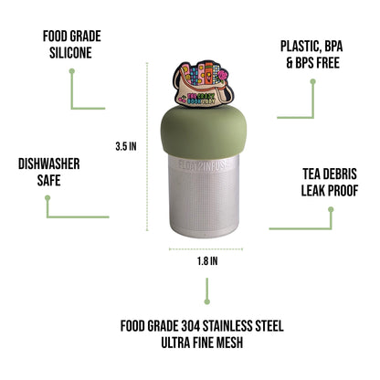 float2infuse tea infuser specs 3.5 in tall, 1.8 in wide, food-grade silicone, plastic/BPA/BPS free, dishwasher safe, 304 stainless steel ultra fine mesh on a white background image