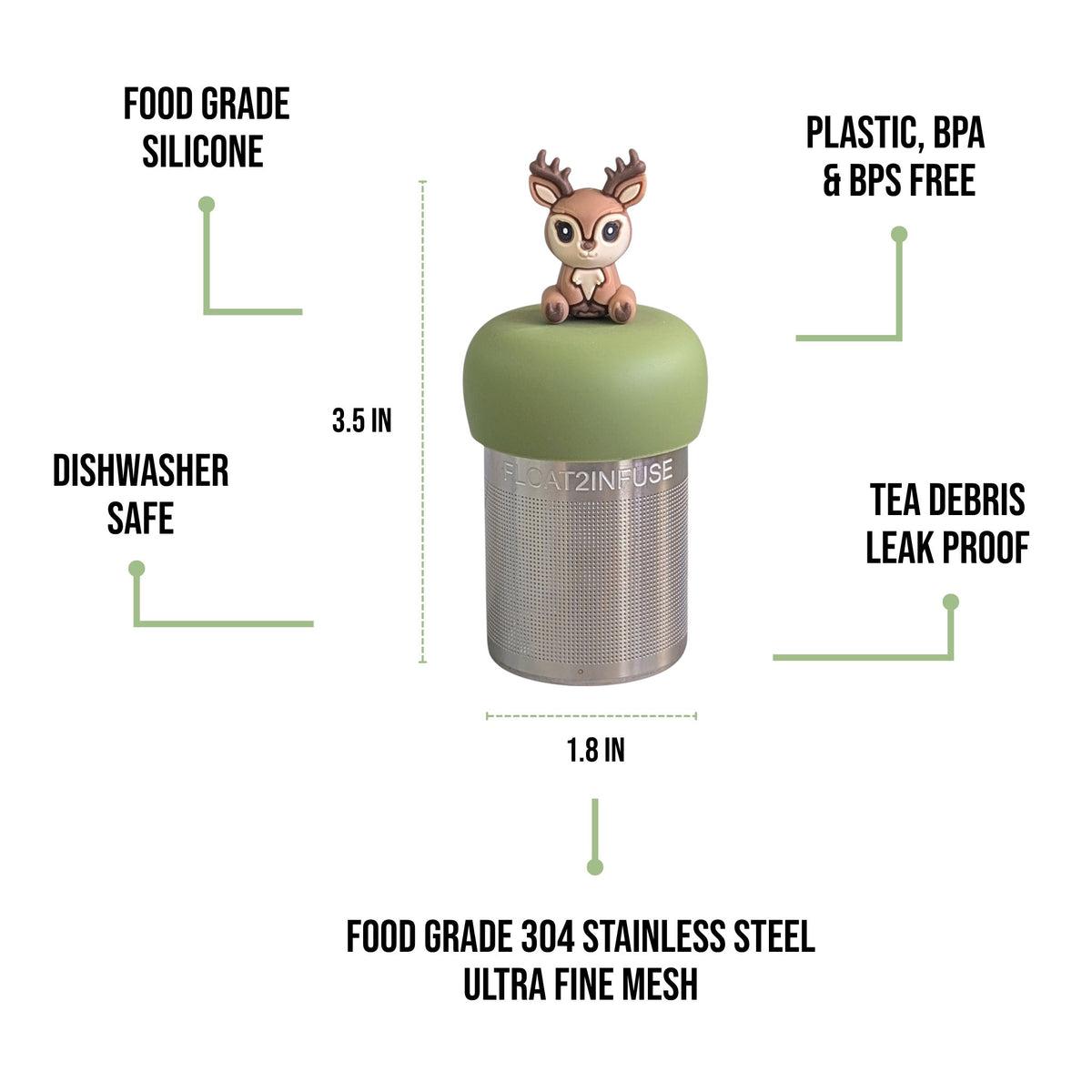 float2infuse tea infuser specs 3.5 in tall, 1.8 in wide, food-grade silicone, plastic/BPA/BPS free, dishwasher safe, 304 stainless steel ultra fine mesh on a white background image