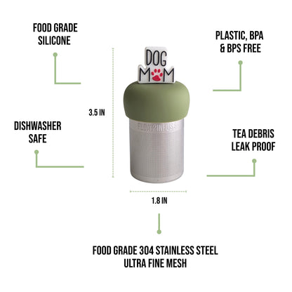 float2infuse tea infuser specs 3.5 in tall, 1.8 in wide, food-grade silicone, plastic/BPA/BPS free, dishwasher safe, 304 stainless steel ultra fine mesh on a white background image