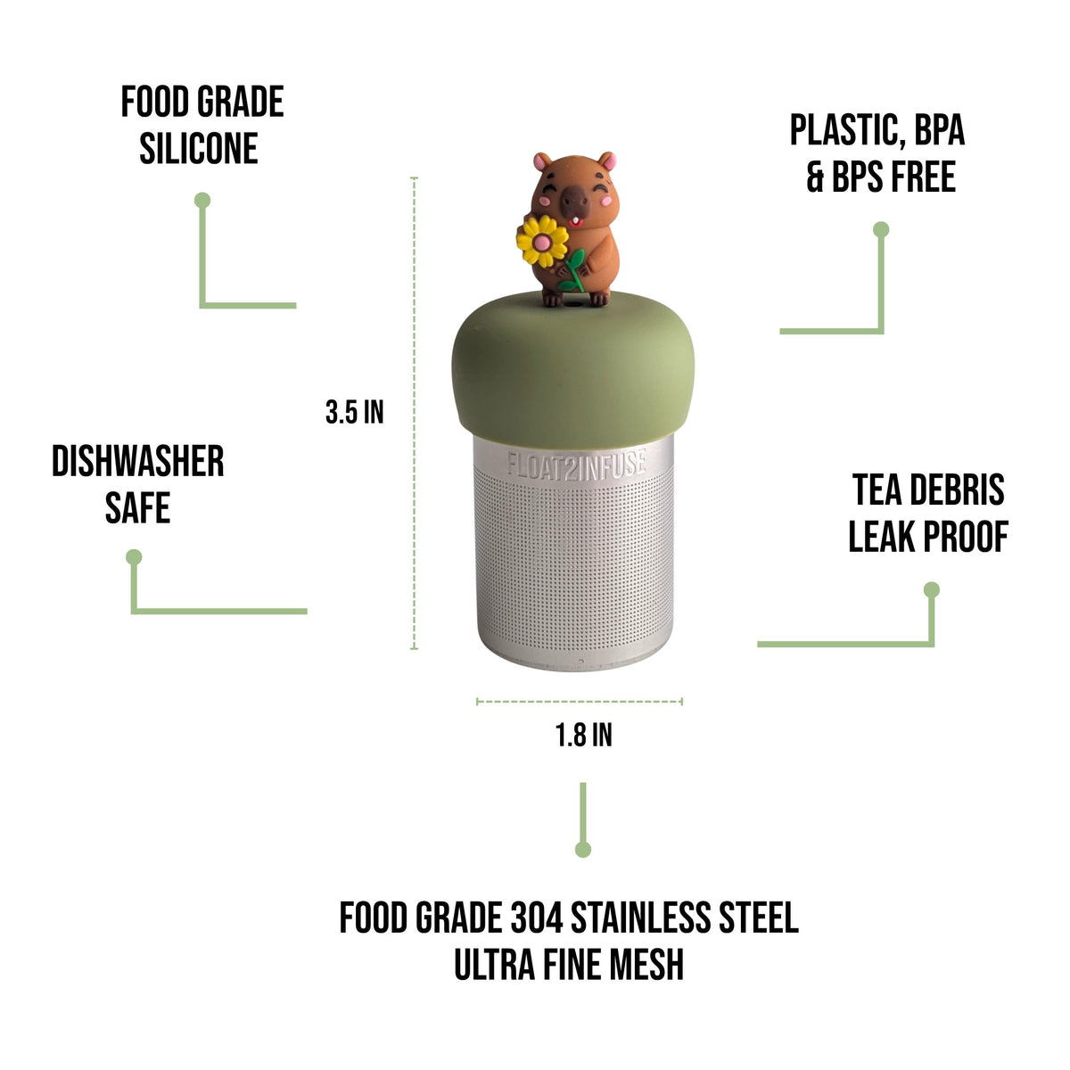 float2infuse tea infuser specs 3.5 in tall, 1.8 in wide, food-grade silicone, plastic/BPA/BPS free, dishwasher safe, 304 stainless steel ultra fine mesh on a white background image