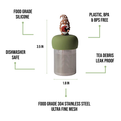 float2infuse tea infuser specs 3.5 in tall, 1.8 in wide, food-grade silicone, plastic/BPA/BPS free, dishwasher safe, 304 stainless steel ultra fine mesh on a white background image