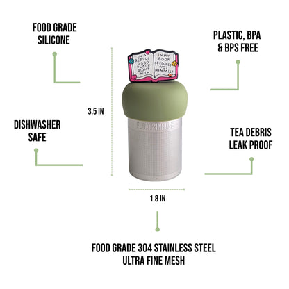 float2infuse tea infuser specs 3.5 in tall, 1.8 in wide, food-grade silicone, plastic/BPA/BPS free, dishwasher safe, 304 stainless steel ultra fine mesh on a white background image