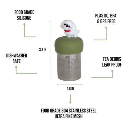 float2infuse tea infuser specs 3.5 in tall, 1.8 in wide, food-grade silicone, plastic/BPA/BPS free, dishwasher safe, 304 stainless steel ultra fine mesh on a white background image