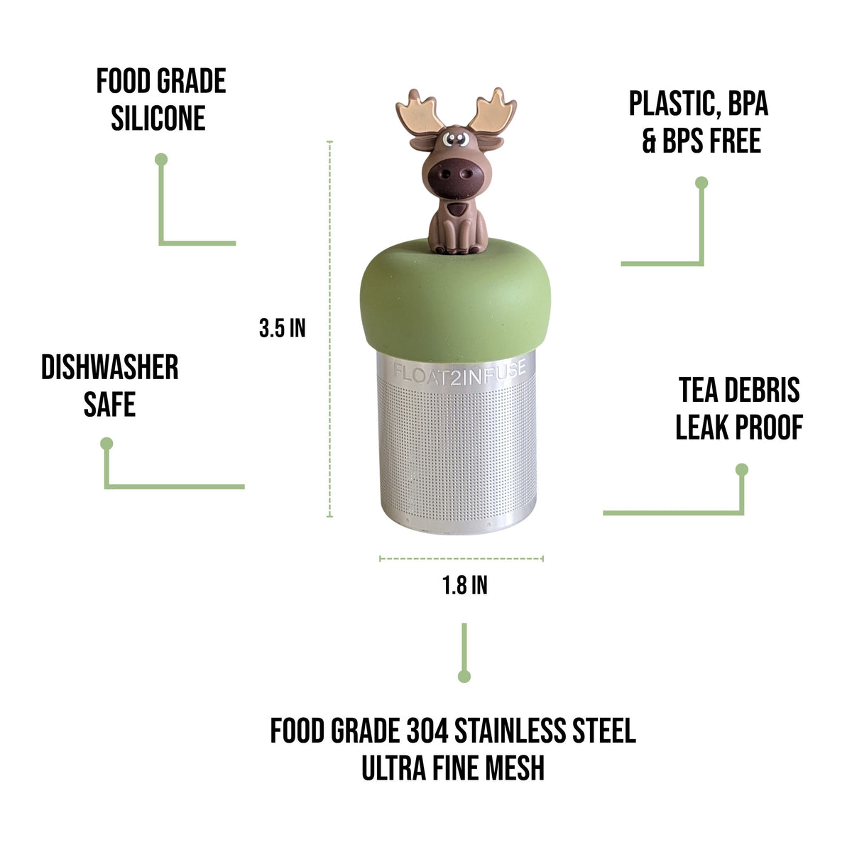 float2infuse tea infuser specs 3.5 in tall, 1.8 in wide, food-grade silicone, plastic/BPA/BPS free, dishwasher safe, 304 stainless steel ultra fine mesh on a white background image