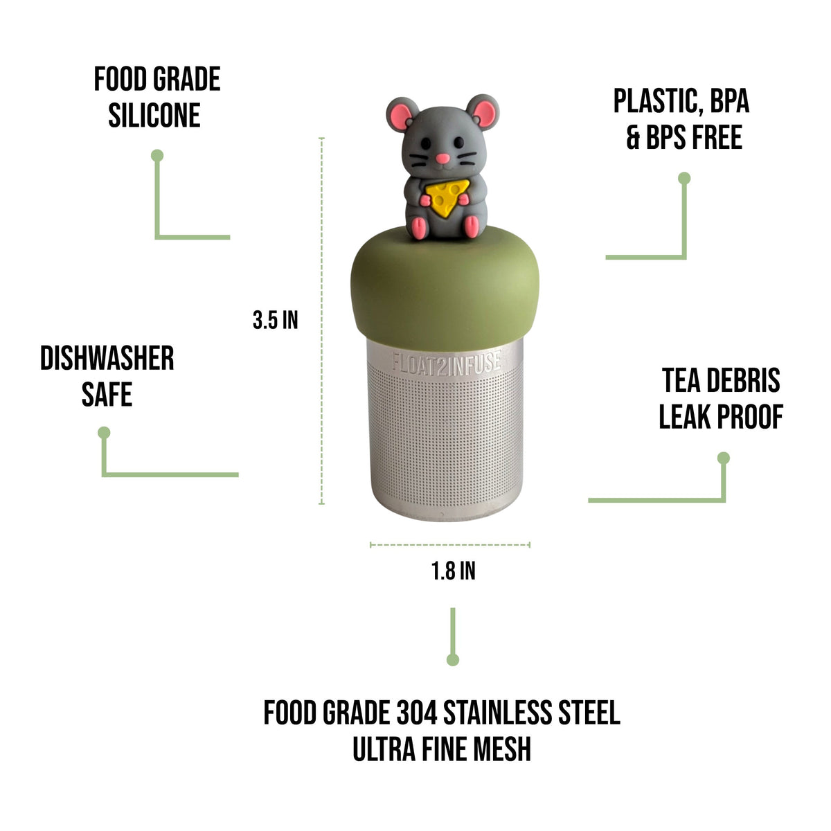 float2infuse tea infuser specs 3.5 in tall, 1.8 in wide, food-grade silicone, plastic/BPA/BPS free, dishwasher safe, 304 stainless steel ultra fine mesh on a white background image