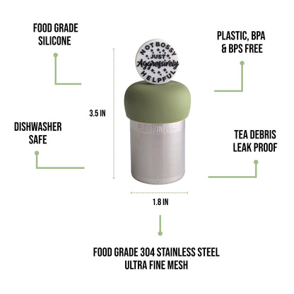 float2infuse tea infuser specs 3.5 in tall, 1.8 in wide, food-grade silicone, plastic/BPA/BPS free, dishwasher safe, 304 stainless steel ultra fine mesh on a white background image